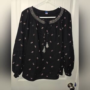 Old Navy women's black floral smocked poet swing blouse with tassels Large